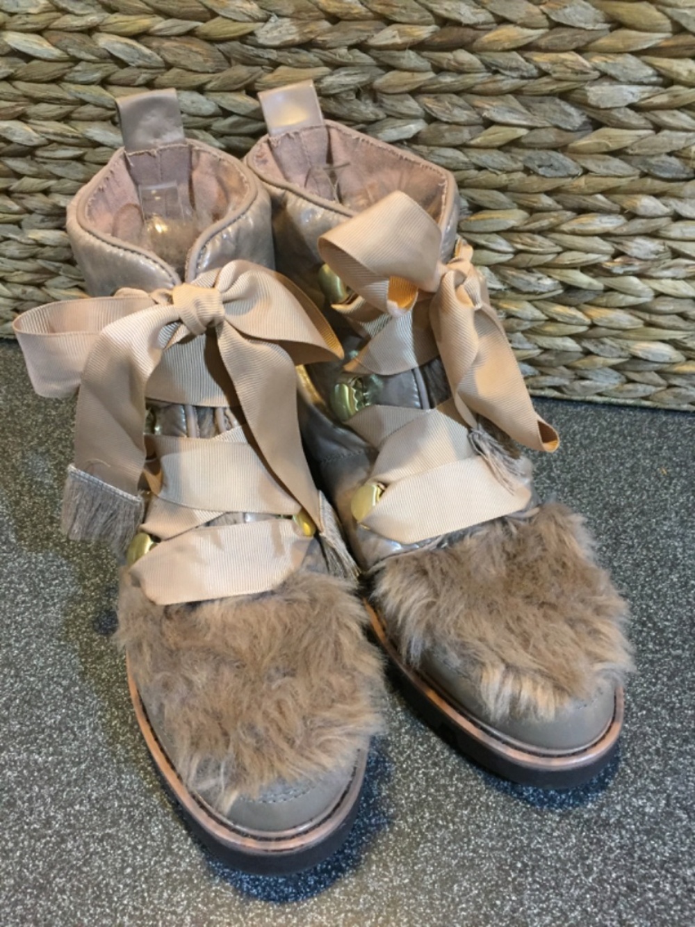 Kelsi Dagger Taupe Faux Fur Ribbon Ankle Booties - Picture 5 of 14
